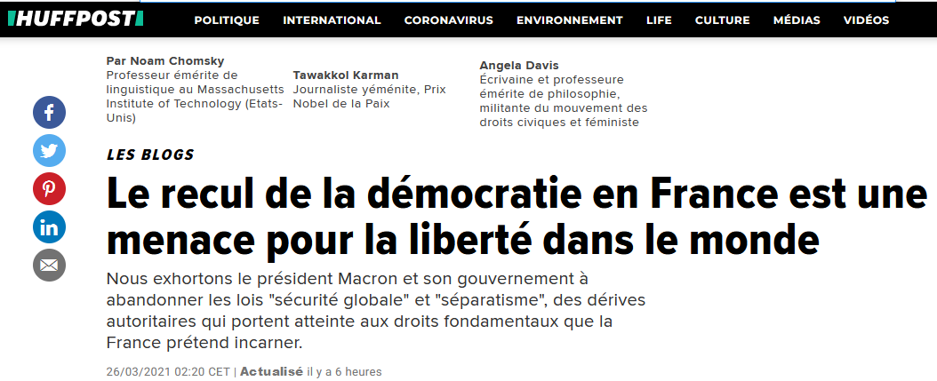 VoxPublic's tweet - "21 personnalités internationales, dont trois prix  Nobel de la Paix, demandent à la France @gouvernementFR @AssembleeNat  @Senat de NE PAS adopter la #PPLSecuriteglobale et le #PJLSeparatisme  #PjlPrincipesRepublicains " - Trendsmap