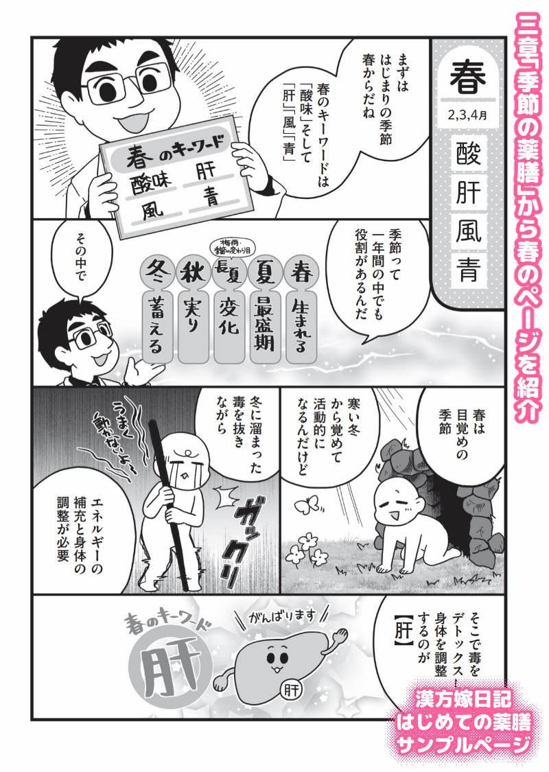 ★新刊発売決定★
4月13日発売の漢方嫁日記「はじめての薬膳編」の3章「季節の薬膳」から今の季節の春のページを紹介です最近ムカムカイラッとしてる人、お腹の張りやゲップが多い人は「気滞イノシシ(※1章で紹介)」状態かもですよ~
Amazon→https://t.co/cqI7WjyBoj
楽天→https://t.co/BEJnDIIM6C
