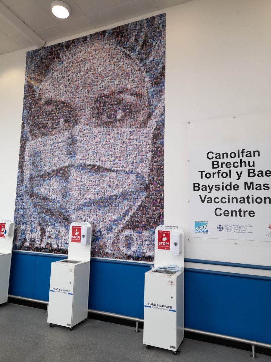 NathanWyburnArt's tweet image. My artwork watching over....More than 800 members of the public vaccinated yesterday, a great first day for the new Bayside Mass Vaccination Centre. @CV_UHB #CAVoneyearon #NHSThankYou
