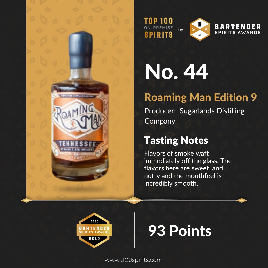 Top100SpiritBSA's tweet photo. Rated highly by leading bartenders, bar-directors and spirits buyers the 'Roaming Man Edition 9' by @SugarlandsShine scored a solid 44 and won a Gold Medal at the 2020 @BartenderAwards 

This is a perfect addition to your bar menu. Give it a try!

https://t.co/iB3P6pcN4W https://t.co/l1WbPFgNq4