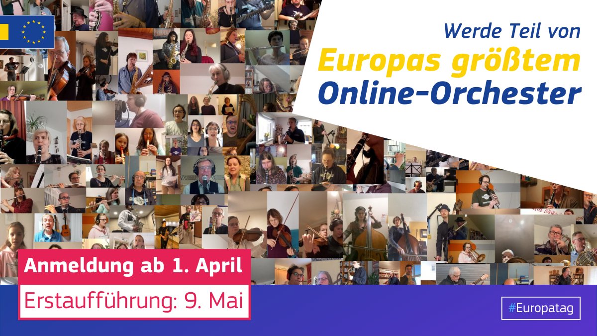 EUinDE's tweet photo. Ab 1.4. können sich Musikerinnen und Musiker zum 🇪🇺 Orchester anmelden, um gemeinsam zum Europatag am 9.5. die Europahymne aufzuführen. Einsendeschluss: 25.4. Organisator ist der Weltrekordhalter des weltgrößten Online-Orchesters. #Europatag #euorchestra 👉https://t.co/GHN4bvM8I6 https://t.co/UG9a3xDPU0