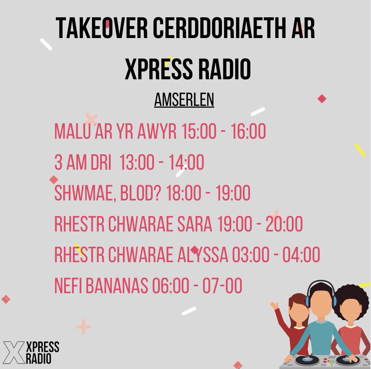 xpressradiocym1's tweet photo. Dyma amserlen rhaglenni Cymraeg y diwrnod heddiw🎧⏰ Ond, wrth gwrs fydd yr holl gynnwys ar gael i chi ail-wrando ar Mixcloud. https://t.co/LyLG2NzOf6
