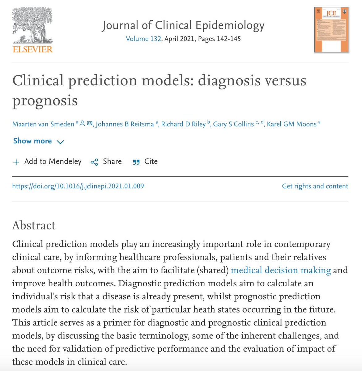 Maarten van Smeden (@maartenvsmeden) on Twitter photo New 2-pager intro to clinical prediction modeling is out <a href="/JClinEpi/">Journal of Clinical Epidemiology</a>
Wondering what the key differences are between diagnostic and prognostic modeling (spoiler: not much)? Comes with some hopefully useful pointers for newcomers to the field
authors.elsevier.com/a/1coR83BcJQ6%… New 2-pager intro to clinical prediction modeling is out <a href="/JClinEpi/">Journal of Clinical Epidemiology</a>
Wondering what the key differences are between diagnostic and prognostic modeling (spoiler: not much)? Comes with some hopefully useful pointers for newcomers to the field
authors.elsevier.com/a/1coR83BcJQ6%…