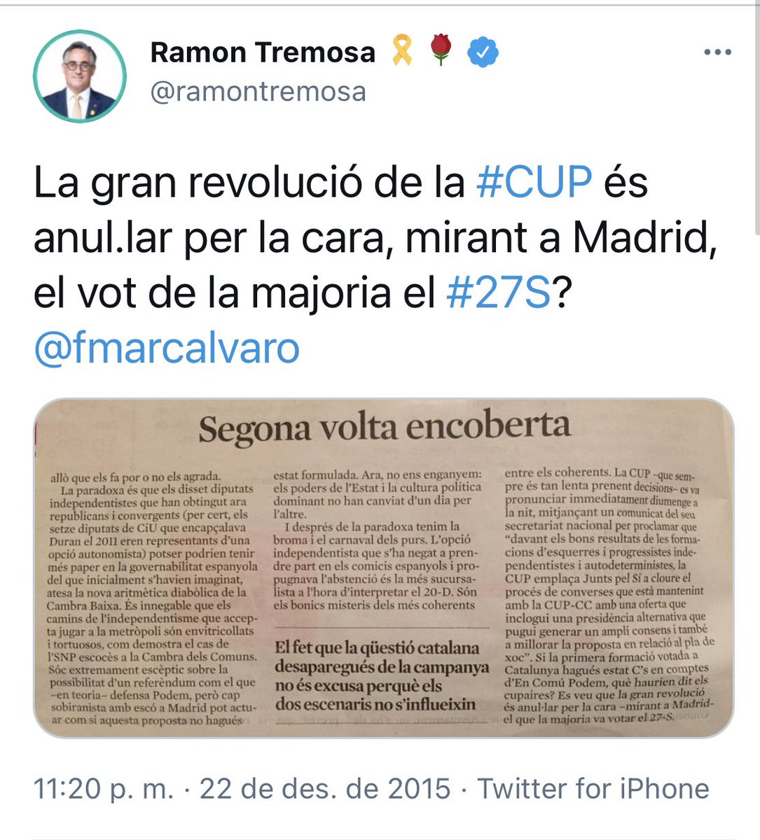 joan90plana's tweet photo. Que deia @ramontremosa quan la CUP es negava a votar la investidura de Mas el 2015/16? Vegem-ho 👇👇 https://t.co/WDKi7toMyY