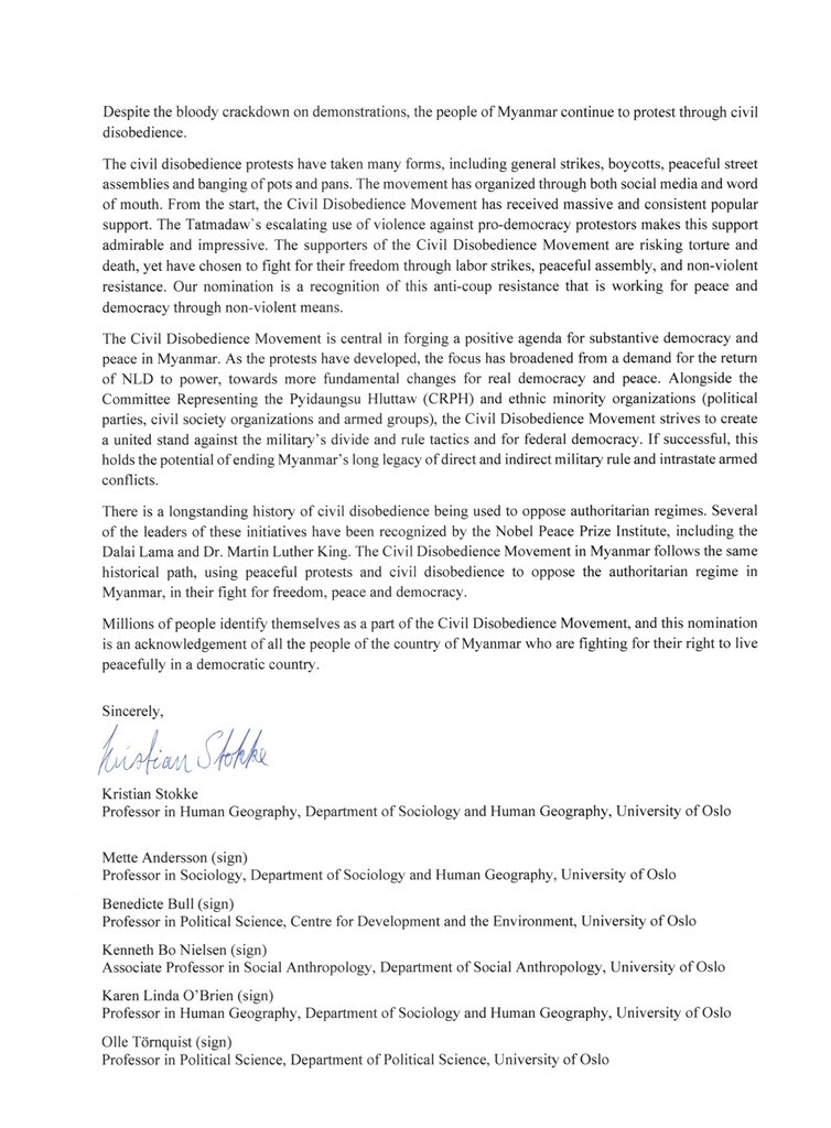 #BREAKING Civil Disobedience Movement in Myanmar against the military junta has been nominated for the Nobel Peace Prize. 

#WhatsHappeningInMyanmar #CivilDisobedienceMovement