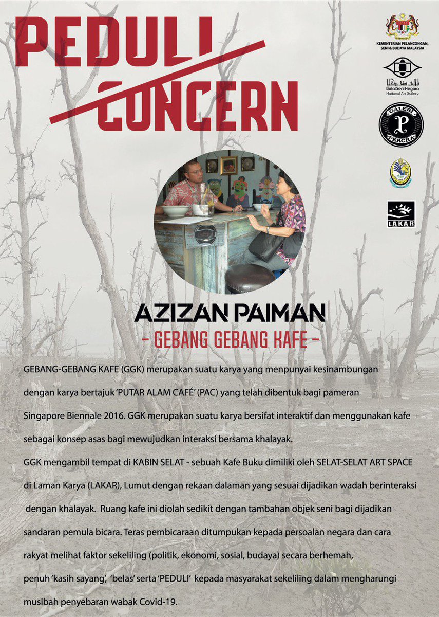 galeripercha's tweet photo. Gebang-Gebang Kafe oleh Azizan Paiman

Sebuah seni interaktif yang pernah dilaksanakan di Singapura dibawa konsepnya ke Lumut, Perak khas untuk warga Perak!

Karya unik ini akan berlangsung pada 27 &amp; 28 Mac 2021 pada jam 5 petang - 7 malam di Laman Karya (LAKAR), Lumut! https://t.co/zMVqANQwjB