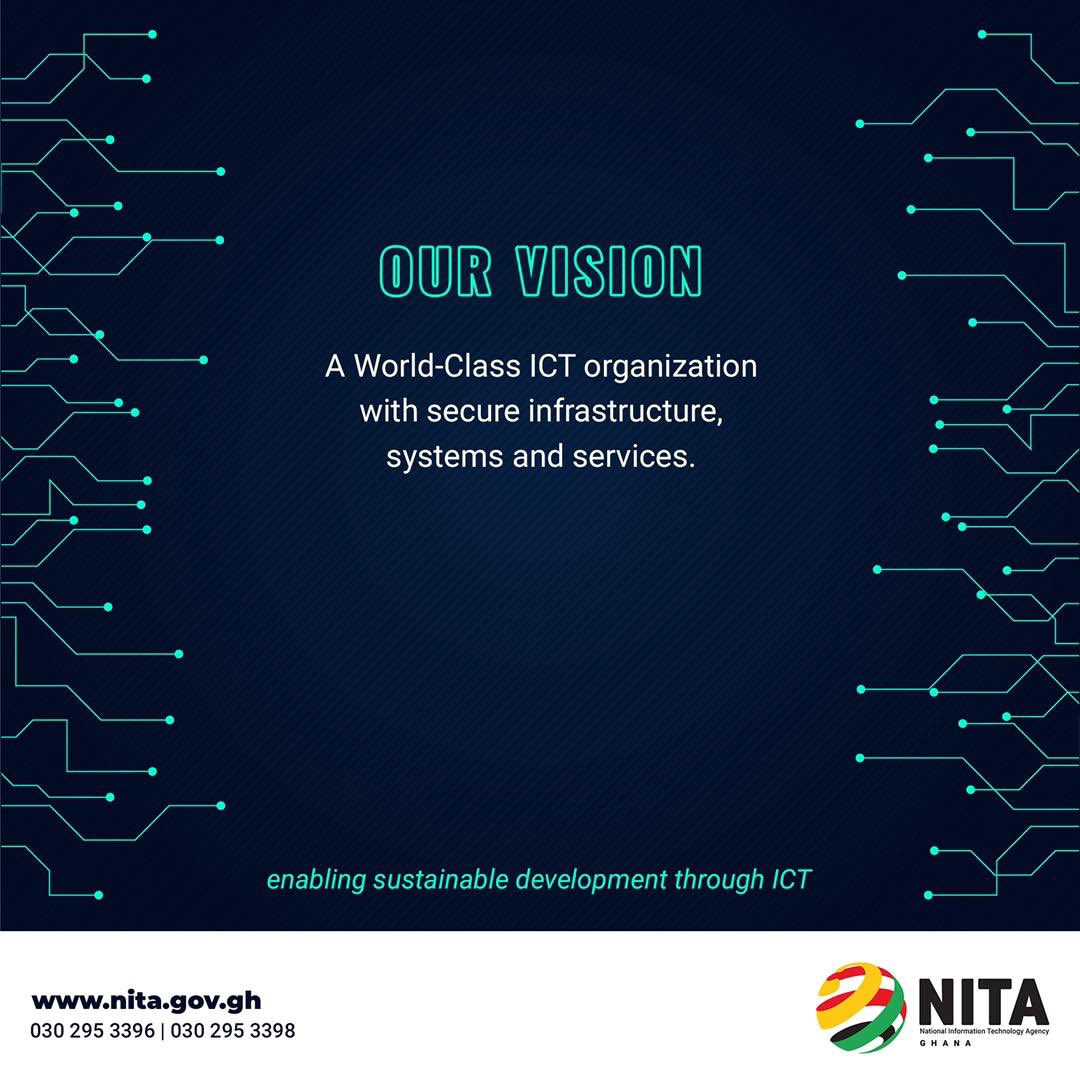 NITAGhana's tweet photo. All you need to know about the vision of Nita
#NitaGhana
#Ict
#VisionStatement
#SustainableDevelopment
#ExcellenceInRegulation
#DigitizationAgenda
#NitaCaresAboutYou https://t.co/tF7BBY2r9p