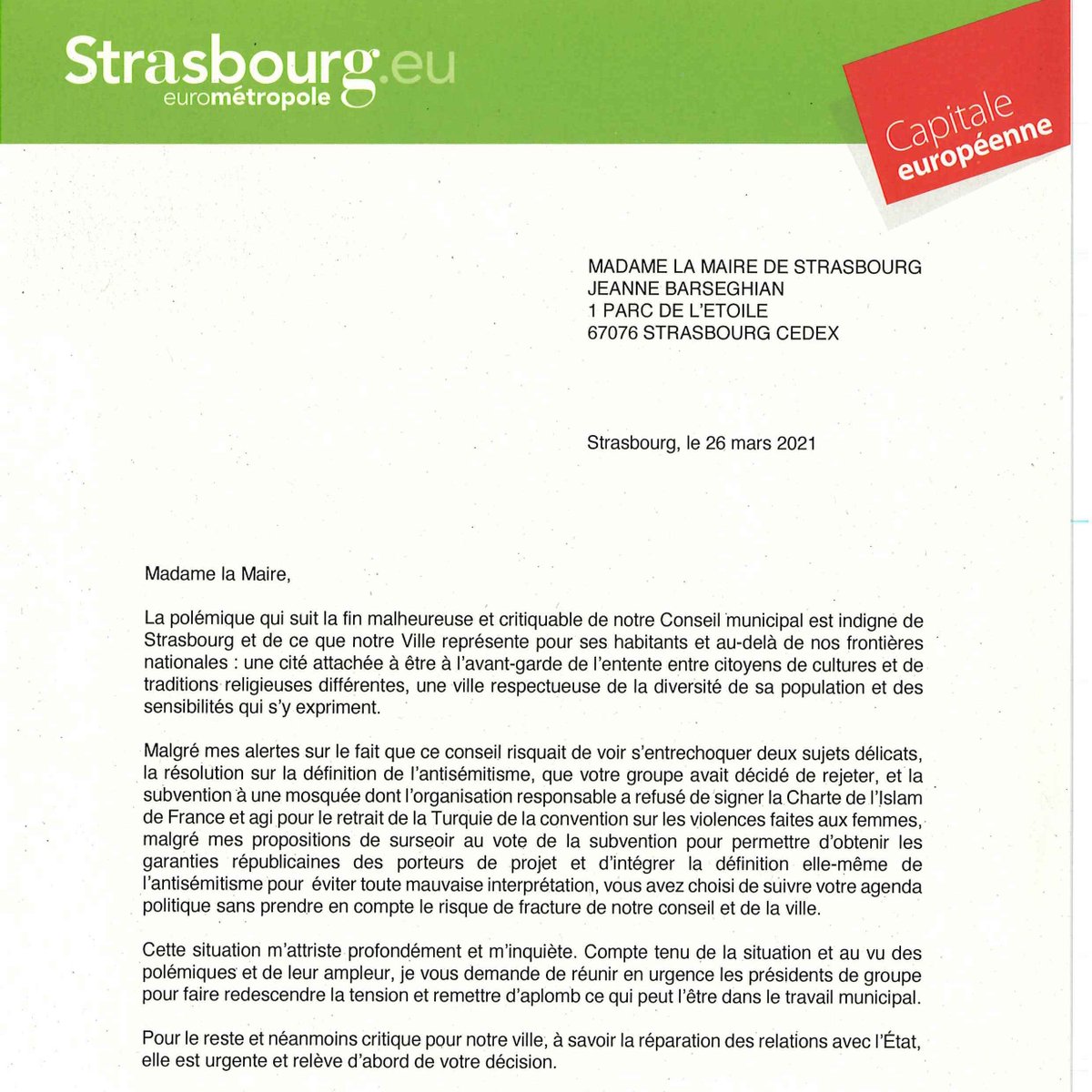 CatTrautmann's tweet photo. J’ai ce matin adressé le courrier ci-dessous à la Maire de #Strasbourg  Jeanne Barseghian. 

Pour retrouver le courrier 👇👇👇 1/3 https://t.co/vazl4ldG5A