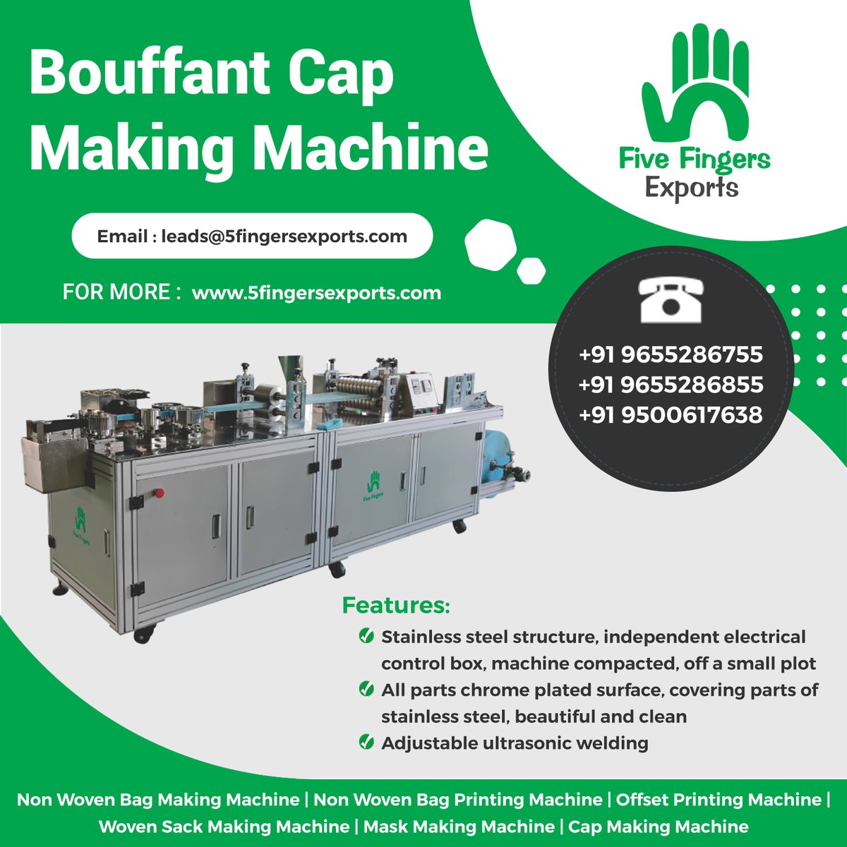 5Fingersexport's tweet image. Bouffant Cap Making Machine
Bouffant Cap Making Machine is a dedicated machine for producing the elastic-type non-woven hood style. for more details visit us: 5fingersexports.com, contact us: 9655286755#bouffantcapmakingmachine, #capmakingmachine, #chennai, #Bangalore