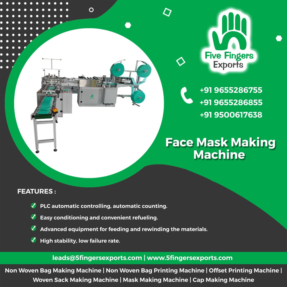 5Fingersexport's tweet image. Face mask making machine
Under the epidemic, mask making machine became urgently needed. In the face of the surge in demand for mask, face mask making machine works at a higher speed more details visit us: 5fingersexports.com, contact us: 9655286755 #facemaskmakingmachine