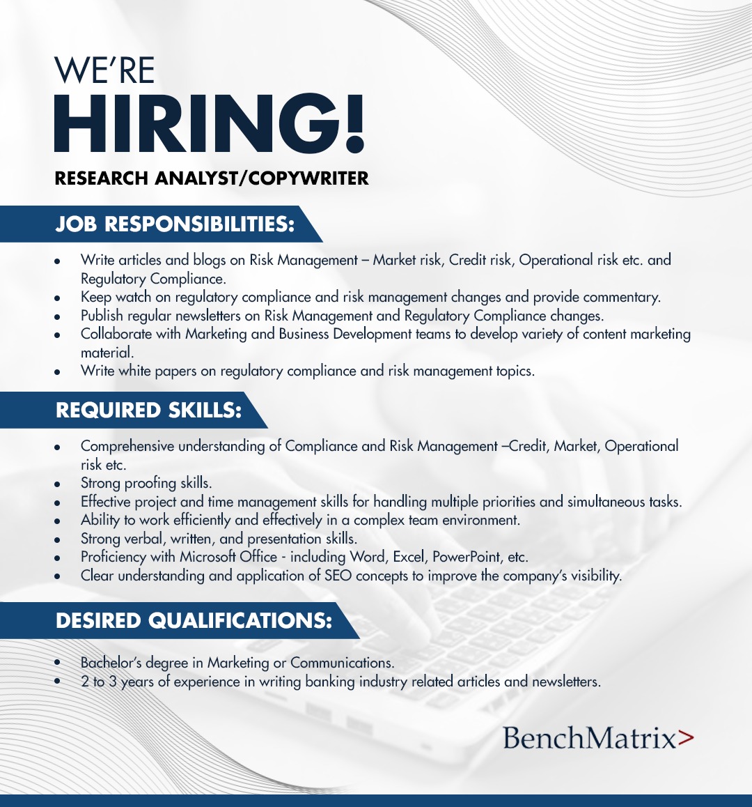 BenchMatrix_'s tweet image. #WeAreHiring | #ResearchAnalyst
Research Analyst / Copy Writer
Interested candidates should send their Latest CVs at jobs@benchmatrix.com
#Benchmatrix #Jobs #officer #copywriting #recruitment #hiring