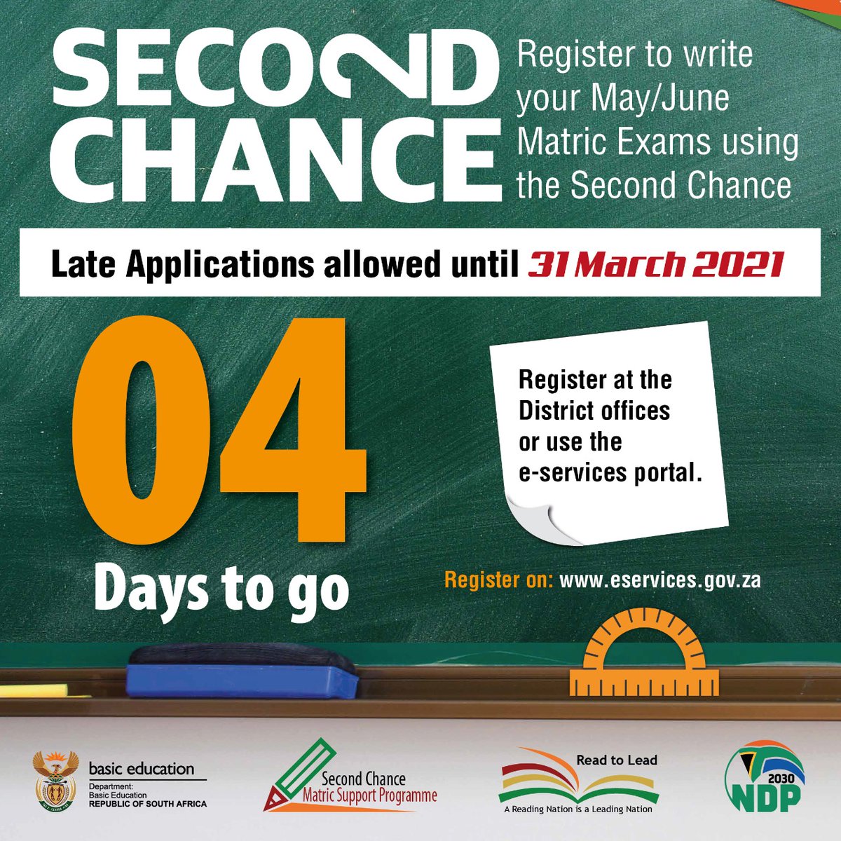 IMPORTANT NOTICE! 

Registration for May / June exams has been extended to 31 March 2021
#SecondChance <a href="/ReginahMhaule/">Dr Reginah Mhaule</a> <a href="/HubertMweli/">Hubert Mathanzima Mweli</a> <a href="/ElijahMhlanga/">Elijah Mhlanga</a>