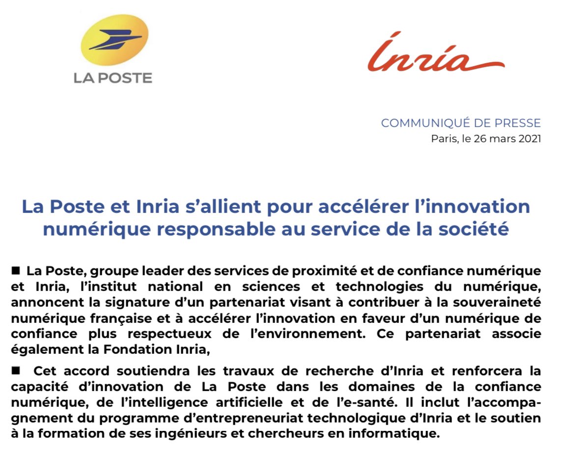 #COMMUNIQUE | #LaPoste et <a href="/Inria/">Inria</a> s’allient pour accélérer l’innovation numérique responsable au service de la société. En savoir plus ici >> groupelaposte.com/fr/actualite/l… #LaPosteSEngage