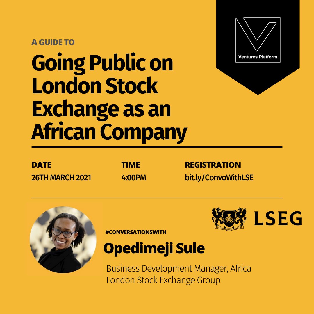 It's today guys.

Do you have any questions about Going Public on the London Stock Exchange as an African Company? Then don't miss #ConversationWith featuring <a href="/LSEplc/">London Stock Exchange</a> &amp; <a href="/vp_fund/">Ventures Platform Fund</a> at 4:00 PM WAT.