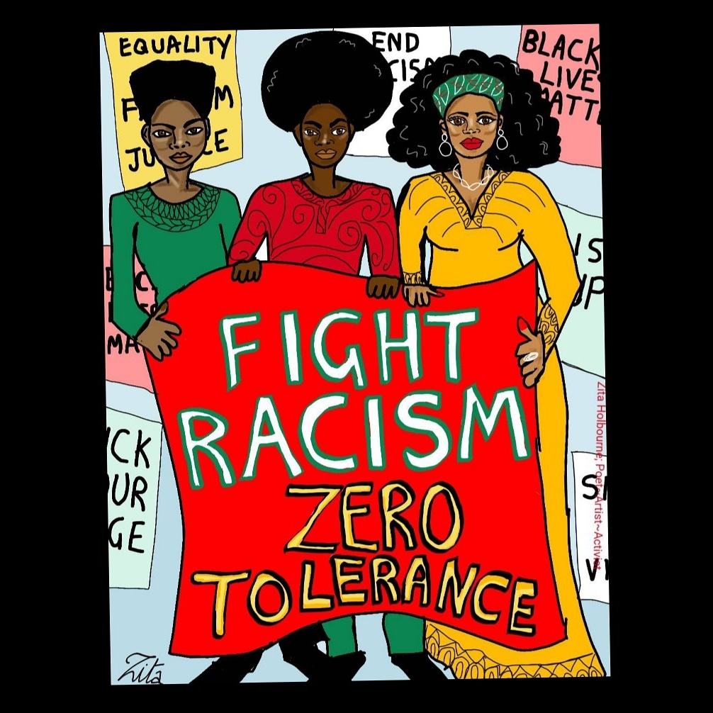 BARACUK's tweet photo. #fightracism #zerotolerance #FF the following fighting racism @DonnaGuthrie @HectorWesley @MirandaGrell @BameFor @Gargi_at_home @saveUEL @ArtistsUnionE @ukblm @EarthSeaLove1 @BlacAwards @OpBlackVote @mshafiquk @TraceyH4NCG (artwork by Zita Holbourne, Artist & chair of @BARACUK) https://t.co/8Mgp6KRFwR