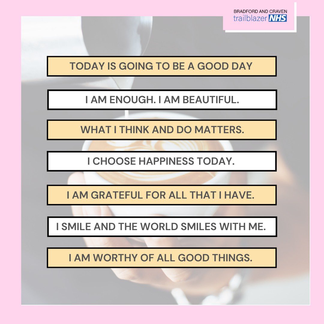 BDCFT_MHST's tweet photo. Happy Friday!!! The last day of term for some also!
We thought we’d set the weekend off with some #PositiveAffirmations.
It’s important to practise positive self talk, to keep those pesky #NegativeAutomaticThoughts away.
#StaySafe #SelfLove https://t.co/ZHsRdwRocN