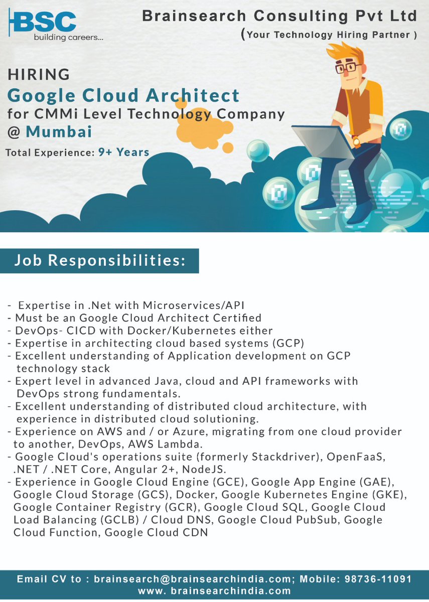 careersbsc's tweet image. HIRING Google Cloud Architect for CMMi Level Technology company @ Mumbai
Email CV to : brainsearch@brainsearchindia.com

#googlecloudarchitect #googlecloudengine #googleappengine #GAE #googlecloudstorage #