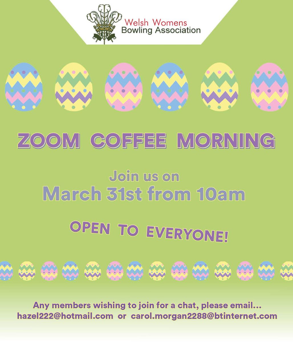 Welshbowls1's tweet photo. Catch up over Coffee...
Welsh Women's Bowling Association are holding a virtual Easter Coffee Morning Wednesday 31st March from 10 until 12. Hope you can join us. Please email for the Zoom link. 
Zoom training also on offer, just let us know
Thank you @AlisButten for the poster https://t.co/bMnlaFeOFm