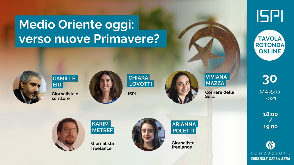 #10anniPrimavereArabe

Medio Oriente oggi: verso nuove Primavere?
Con <a href="/FondCorriere/">Fondazione Corriere</a>

Partecipano <a href="/EidCamille/">Camille Eid</a>, C. Lovotti ISPI, <a href="/viviana_mazza/">viviana mazza</a> <a href="/Corriere/">Corriere della Sera</a>, <a href="/Karimetref/">Karim Metref</a>, <a href="/AriannaPoletti/">Arianna Poletti</a>

Registrati qui: bit.ly/3cn3lWw
