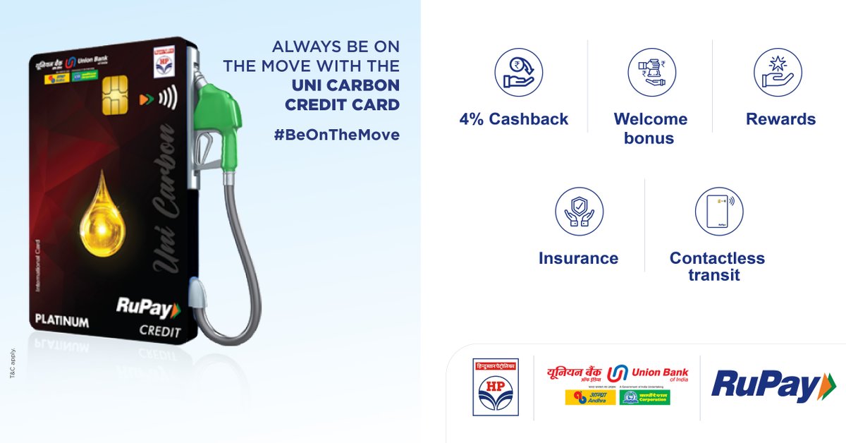 HPCL's tweet photo. Itโs time to fuel your joys with a new way to pay at our retail outlets! #HPCL, in association with Union Bank of India and RuPay, introduces the Uni Carbon Credit Card! So excited! #BeOnTheMove with the #UniCarbonCreditCard @RuPay_npci @UnionBankTweets https://t.co/OqztD5XhZ0