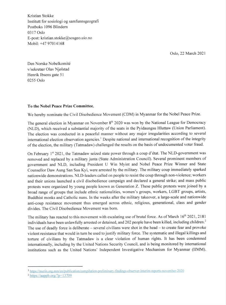sbociscoman's tweet photo. The movement against military rule in Myanmar, #CDM,  is nominated for the Nobel Peace Prize.  Congratulations to all heros in #Myanmar #Burma. This is an acknowledgement of the role of mass movements to push for democracy and peace. They do deserve it.#WhatsHappeningInMyanmar https://t.co/WybbXLNrZr
