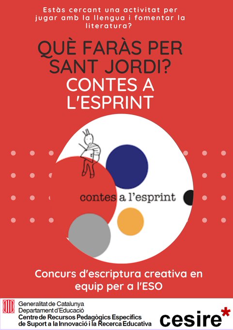 cirel (@cesirecirel) on Twitter photo No saps què fer per Sant Jordi a l'ESO?
CONTES A L'ESPRINT és l'oportunitat per escriure i gaudir-ne. Tens tots els materials per fer-ho ja.cat/Hd6gL Inscriu-t'hi ja! ja.cat/vS2eN <a href="/cesire/">Ceci Sierra</a> <a href="/SEBaixEmporda/">Servei Educatiu del Baix Empordà</a> <a href="/xtec/">XTEC</a> <a href="/crp_arbg/">CRP Alta Ribagorça</a> <a href="/CrpEixample/">CRP Eixample</a> <a href="/CRPsarriaSG/">CRPsarriaSG</a> <a href="/crpsantmarti/">SE Sant Martí</a> No saps què fer per Sant Jordi a l'ESO?
CONTES A L'ESPRINT és l'oportunitat per escriure i gaudir-ne. Tens tots els materials per fer-ho ja.cat/Hd6gL Inscriu-t'hi ja! ja.cat/vS2eN <a href="/cesire/">Ceci Sierra</a> <a href="/SEBaixEmporda/">Servei Educatiu del Baix Empordà</a> <a href="/xtec/">XTEC</a> <a href="/crp_arbg/">CRP Alta Ribagorça</a> <a href="/CrpEixample/">CRP Eixample</a> <a href="/CRPsarriaSG/">CRPsarriaSG</a> <a href="/crpsantmarti/">SE Sant Martí</a>
