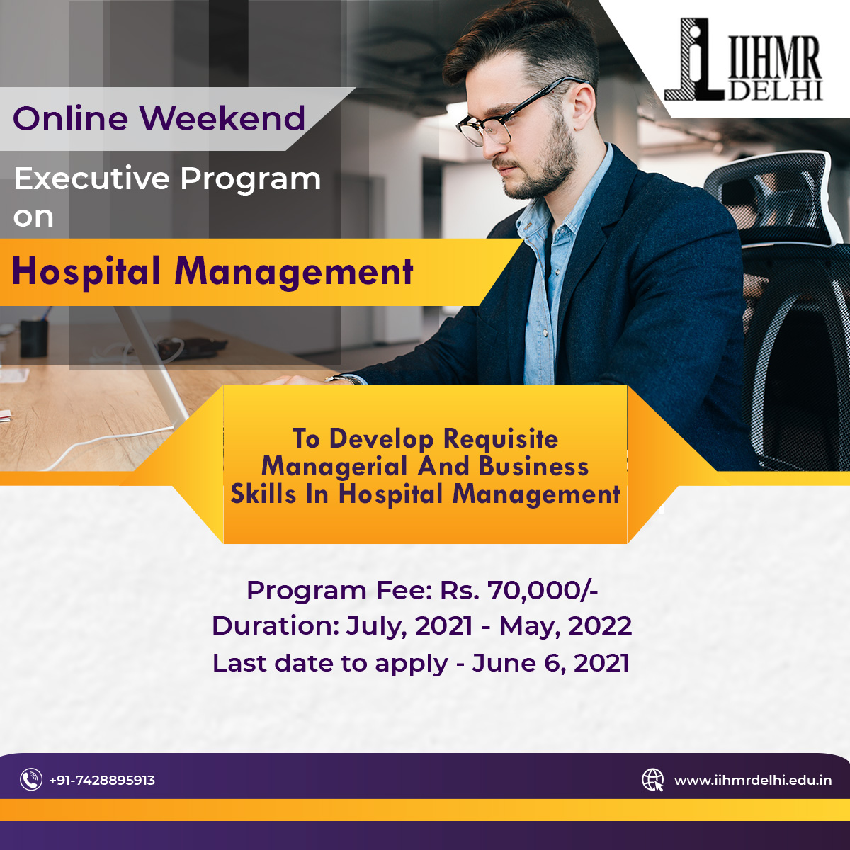 IIHMRDelhi's tweet photo. Join 11-month Online #WeekendExecutiveProgram on #HospitalManagement.

Duration: July 2021 - May 2022
Fee: Rs. 70,000

Call: +91-7428895913

Visit: https://t.co/kycudayi6U

#IIHMR #IIHMRDelhi #Healthcare #HealthInstitutions #Hospitals #PublicHealth #Hospital https://t.co/CTsvtJ0ZmI