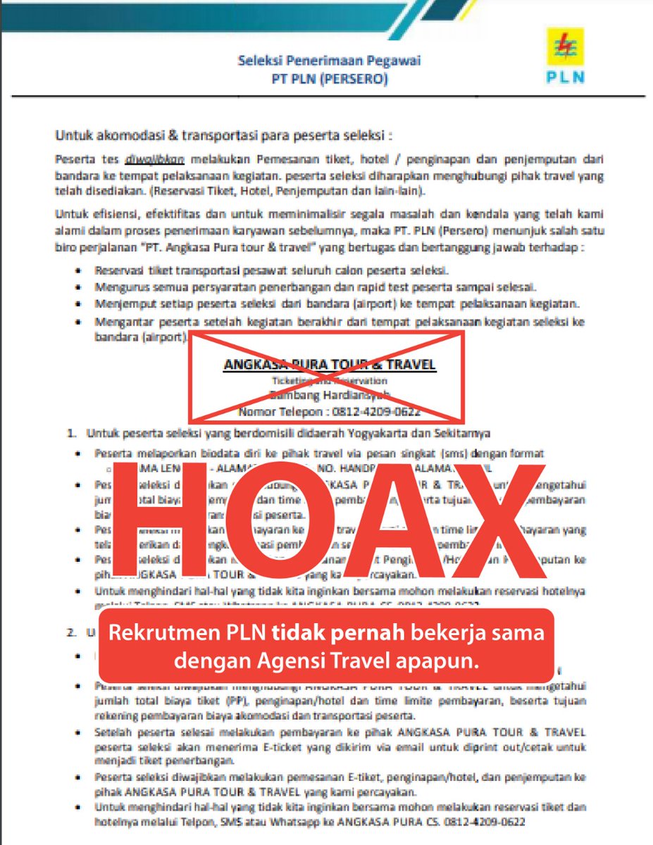 _pln_id's tweet photo. HOAX!!!

Electrizen, Saat ini PLN tidak sedang mengadakan kegiatan rekrutmen dan seleksi calon pegawai. Dengan beredarnya informasi rekrutmen yang mengatasnamakan PLN, kami menyatakan bahwa Rekrutmen PLN hanya dapat diakses melalui website resmi PLN yaitu https://t.co/5MbnoBCQR3. https://t.co/hQf6hN5KC0
