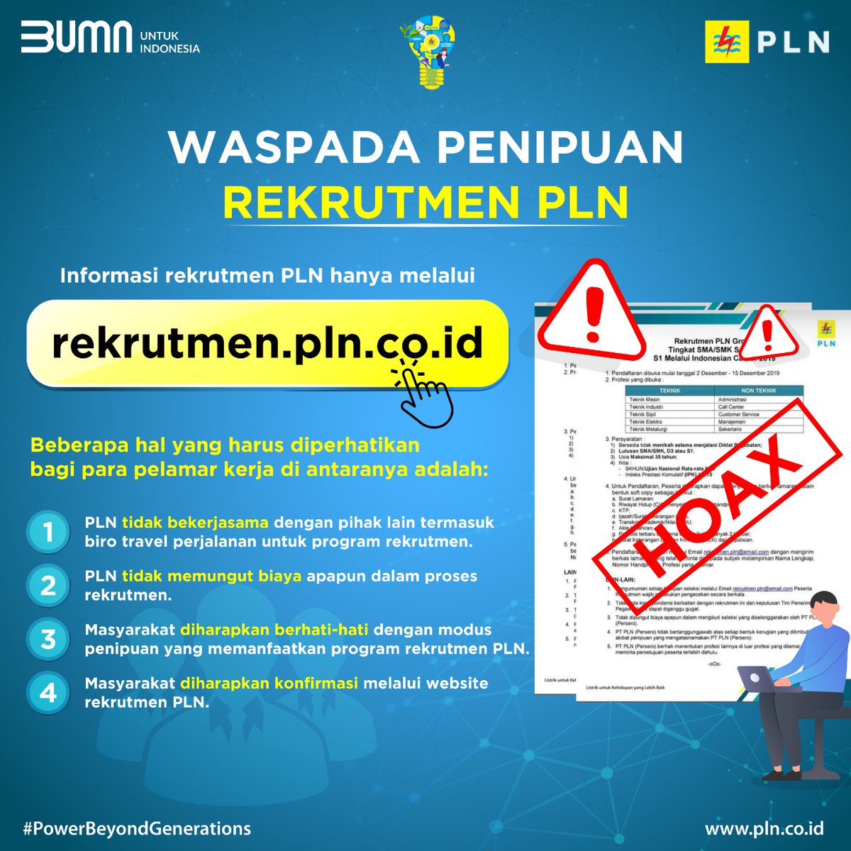 _pln_id's tweet photo. HOAX!!!

Electrizen, Saat ini PLN tidak sedang mengadakan kegiatan rekrutmen dan seleksi calon pegawai. Dengan beredarnya informasi rekrutmen yang mengatasnamakan PLN, kami menyatakan bahwa Rekrutmen PLN hanya dapat diakses melalui website resmi PLN yaitu https://t.co/5MbnoBCQR3. https://t.co/hQf6hN5KC0