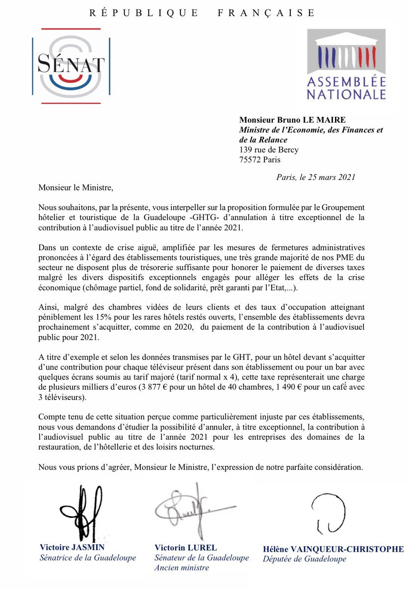 VictorinLurel's tweet photo. 🍽🏨Vue l’ampleur de la crise et les fermetures administratives, nous soutenons la demande du #GHTG d’annulation de la redevance TV pour les hôtels, restaurants, cafés, bars et boites de nuits. Une mesure parfaitement juste qui tarde pourtant à venir @SenatriceJasmin @HVainqueur https://t.co/PY1yJL6Hvg