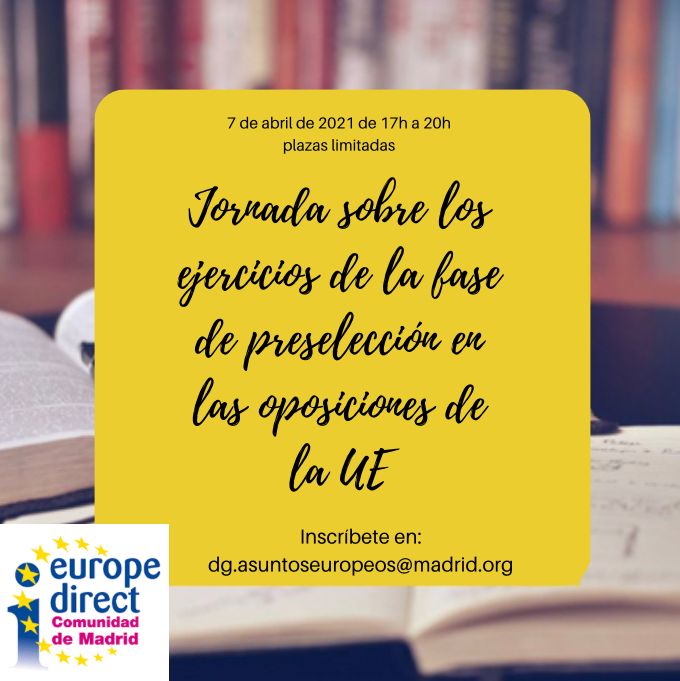 MadridEuropa's tweet photo. Jornada online sobre los ejercicios de la fase de preselección en las oposiciones de la UE

📢¡Apúntate¡

🗓️Se celebrará el 7 de abril a las 17 horas. Escribe un correo a dg.asuntoseuropeos@madrid.org para inscribirte. 

Plazas limitadas.

https://t.co/FGBDIZYRFt https://t.co/Pto0VR38Gc
