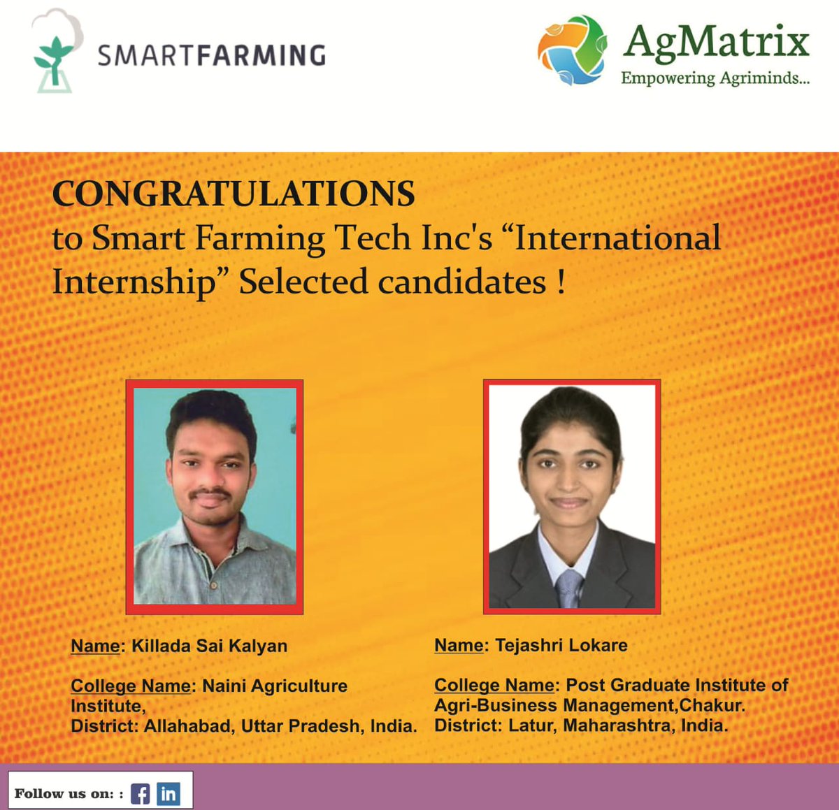 SmartFarming_'s tweet photo. @SmartFarming_  is excited to welcome new talented interns to our company this summer! Welcome, Killada and Tejashri! https://t.co/9ieQ90YYPD