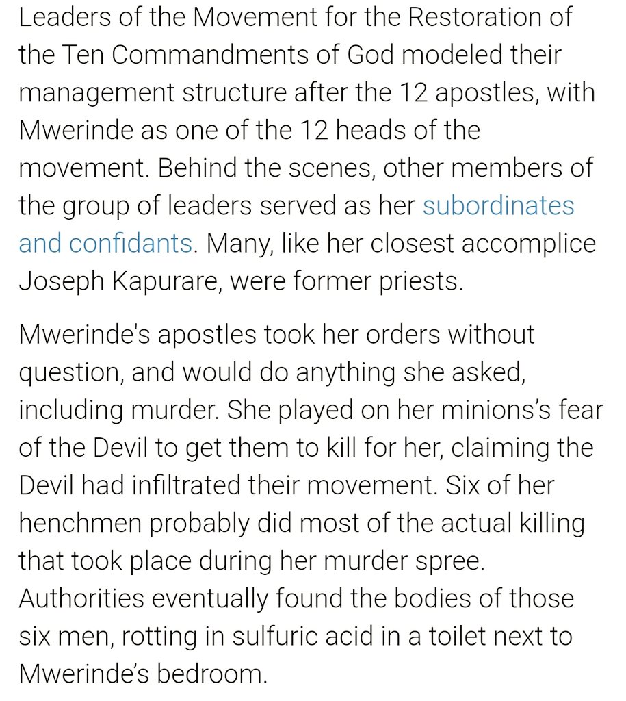 Credonia had her own merry band of henchmen, which she called her "Apostles".They killed with unquestioning loyalty, and after the blaze at Kanungu, she killed them too and dissolved their bodies in sulphuric acid. Walter White who???