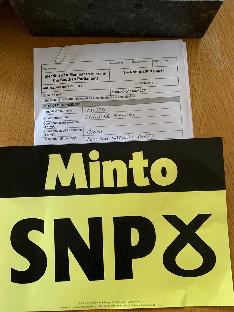 That’s it official. I am confirmed as @theSNP candidate for #ArgyllBute. Thank you to ⁦@MCInnellan⁩ for delivering my papers yesterday - safely! #BothVotesSNP #VoteMinto 🏴󠁧󠁢󠁳󠁣󠁴󠁿💛