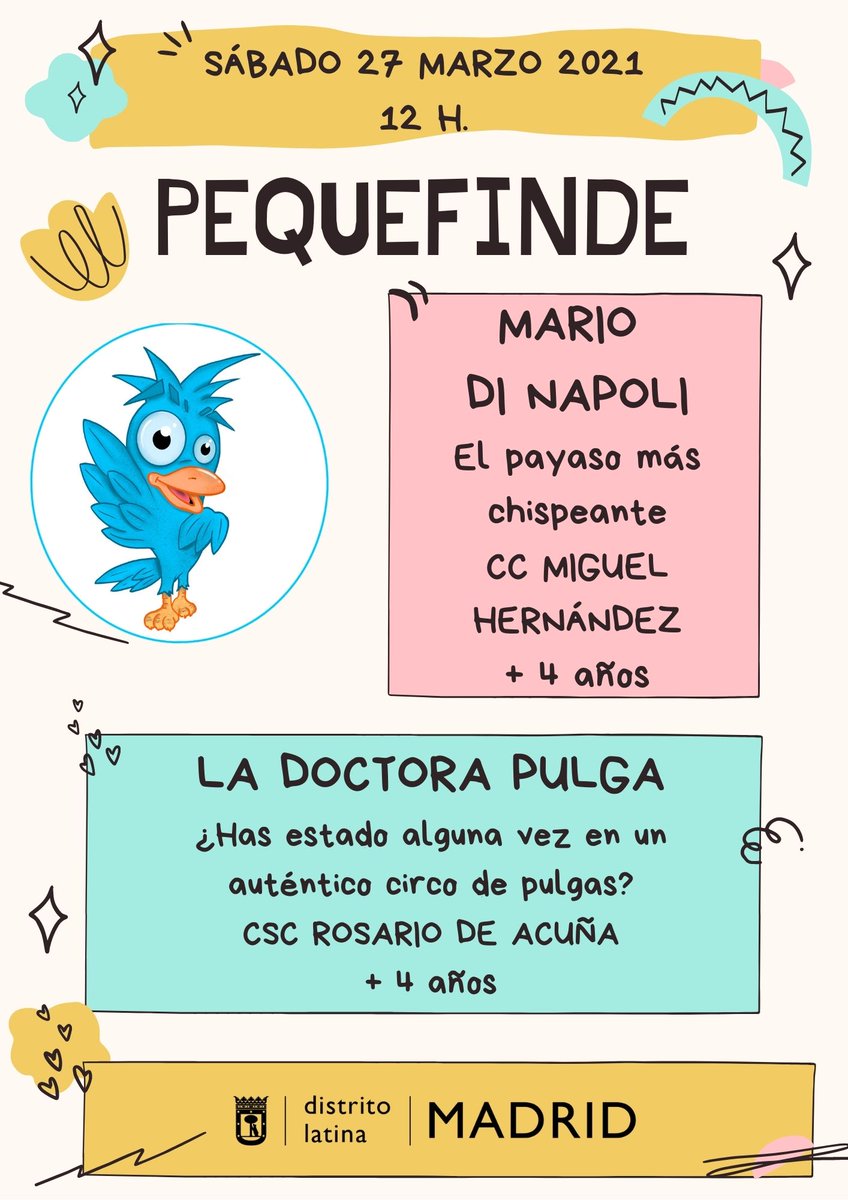 JMDLatina's tweet photo. 👧👦Mañana sábado 27 de marzo en el #PequeFinde de #Latina tenemos un circo de pulgas 🪳🏟️ y un payaso que está muy muy loco 🤡🤪. ¿Con cuál te quedas? https://t.co/3QhrThxuSS
