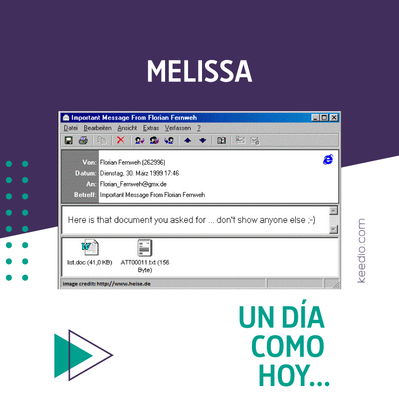 👉Un día como hoy pero de 1999 se libera "Melissa". Uno de los #virus más temidos de la historia. 
Se distribuyó por correo electrónico, a través de un archivo llamado "List.doc", causando más de 80 millones de dólares en daños a las empresas norteamericanas. 😱
#Efemerides