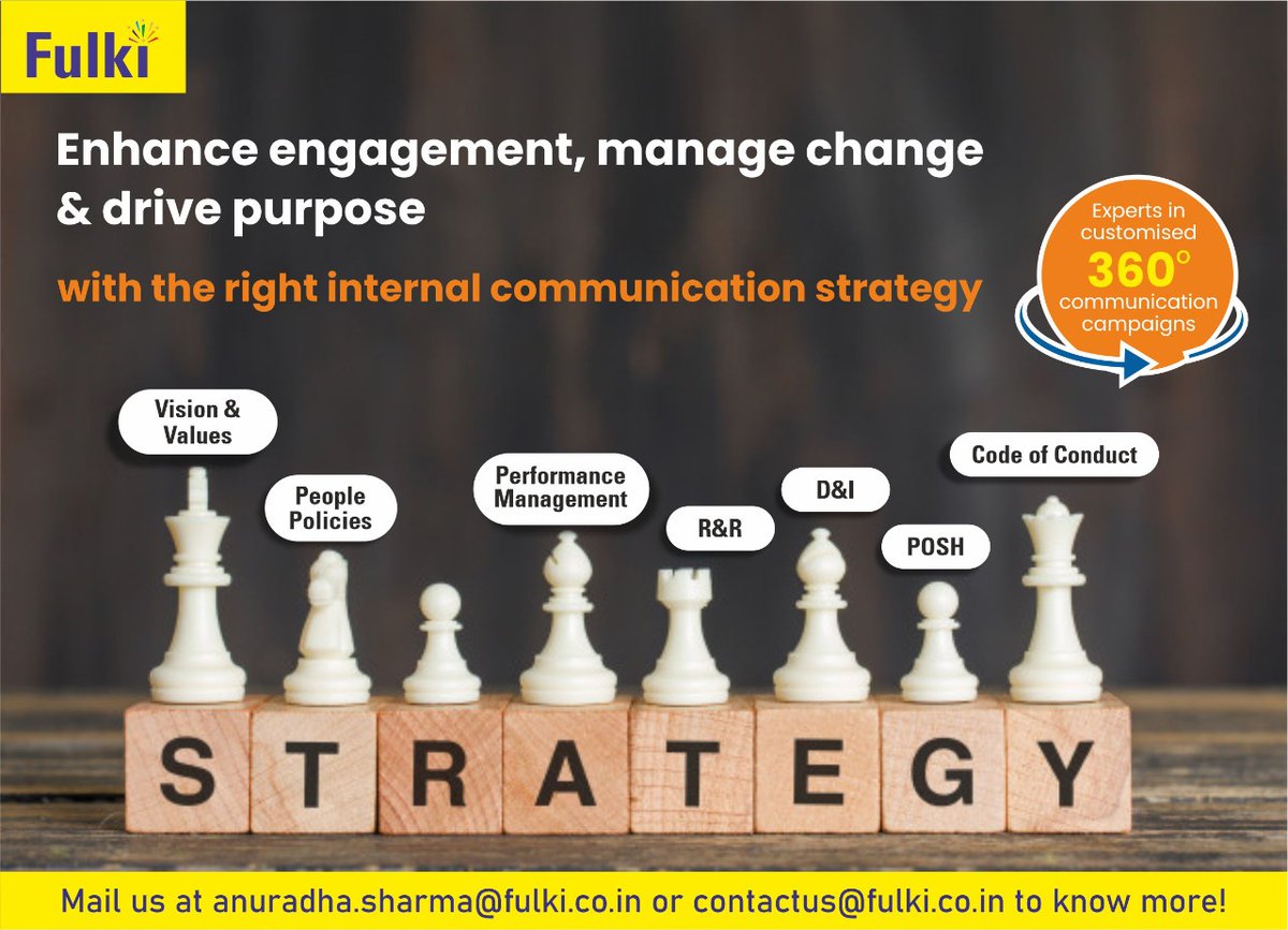 fulkicomm's tweet photo. Is your organisation’s #internalcommunication strategy on point?
Does it drive purpose &amp; inspire action?
Time to rethink…
Spark the magic connect with your employees now!
Mail anuradha.sharma@fulki.co.in or contactus@fulki.co.in for more!

#fulki  #communicationspecialists https://t.co/8IU23nS8n4