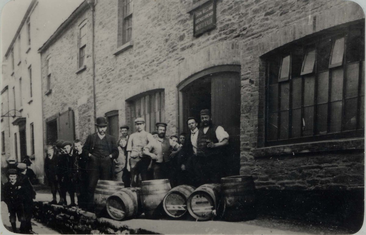 Looking down Church Street from just below today's Dodbrooke Inn (P01403l), Kellands Brewery on the left - and Arthur Kelland with his brewery staff (P00189a). Both images c. 1880.