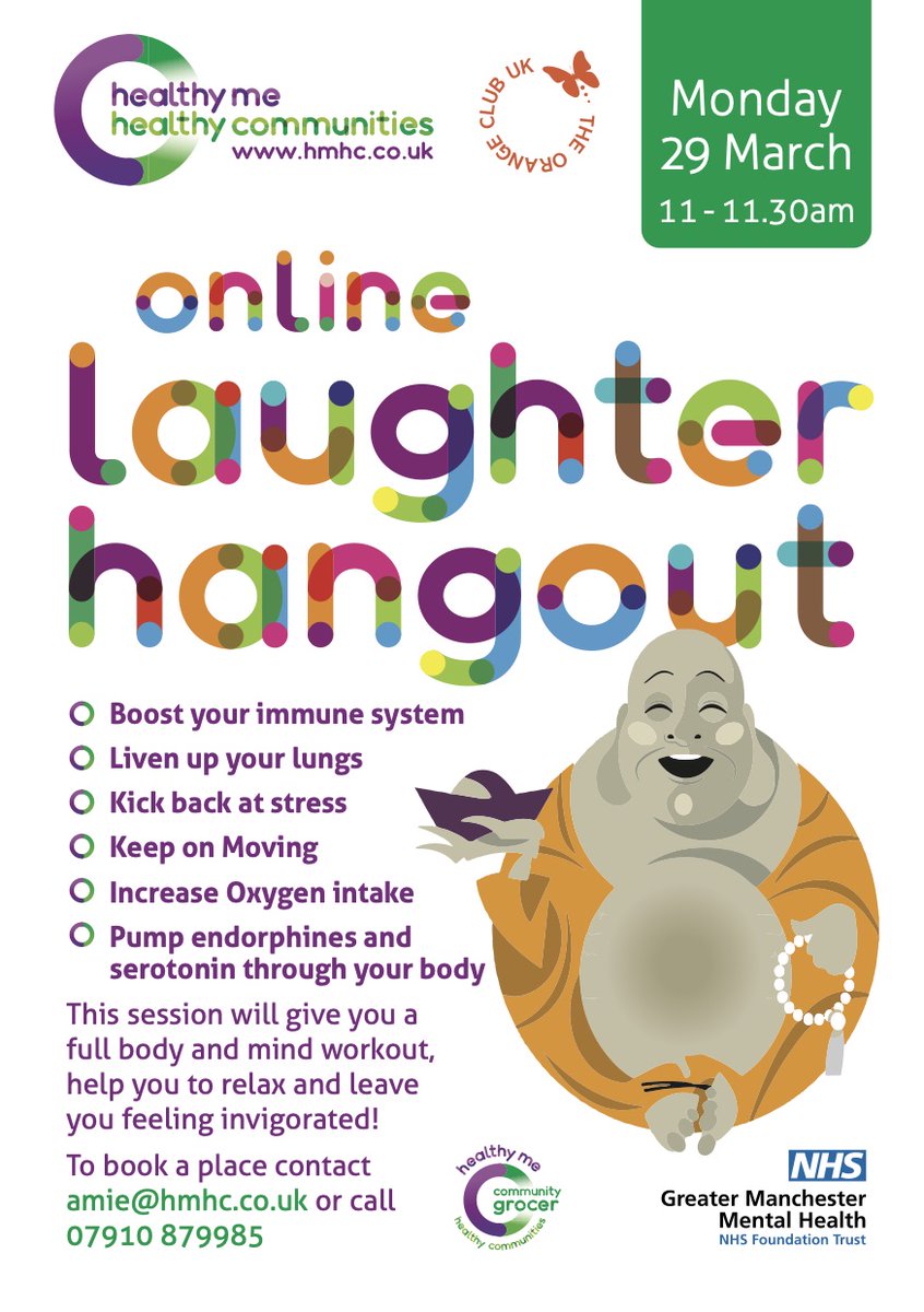 Don't forget to book your place on our online laughter hangout on Monday 29th March, 11-11.30am with @TheOrangeClub1 @Loftus2Gary as part of our Wellbeing Sessions @GMMH_NHS Contact Amie@hmhc.co.uk