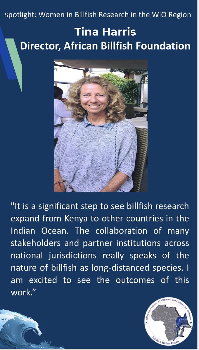 On spotlight is Tina Harris, Director, African Billfish Foundation. With a wealth of experience, Tina has led the tagging &amp; data collection of billfish in the Indian Ocean for 3 plus decades. We celebrate Tina for her longstanding efforts! <a href="/wiomsa/">WIOMSA</a> <a href="/WiMSnetwork/">Women in Marine Science (WiMS)</a> #WomeninFisheries
