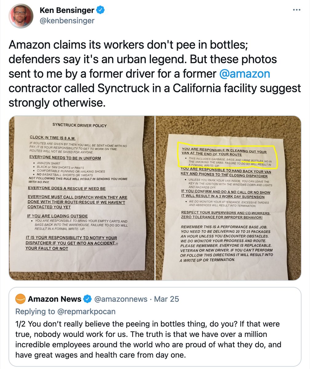 ট ইট র Persist Fighter Amazon最近十分嚣张 副总裁 Davehclark 在twitter嘲讽sanders相信amazon强迫工人赶时间 不允许他们上厕所 最后只能在饮料瓶中解决 和elizabeth Warren谈论税务问题 所谓的小人得志就是这样 不过这也说明他们害怕alabama