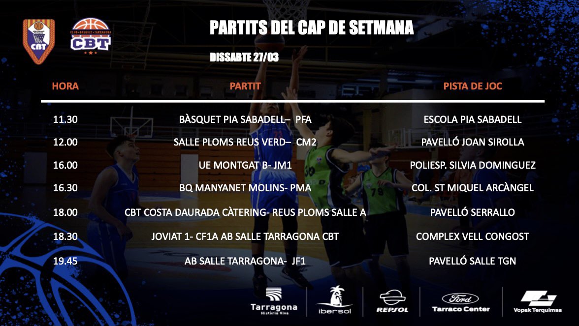 CBT_Tarragona's tweet photo. Preparats per afrontar una nova jornada de lliga! Aquest cap de setmana s’estrenen el PFA i el JF1 ✅⛹🏻♀️. Aquests són els partits que jugarem aquest cap de setmana 🕔🏀
#gaudeixcbt #caracterblau https://t.co/3KkjDZXqEZ