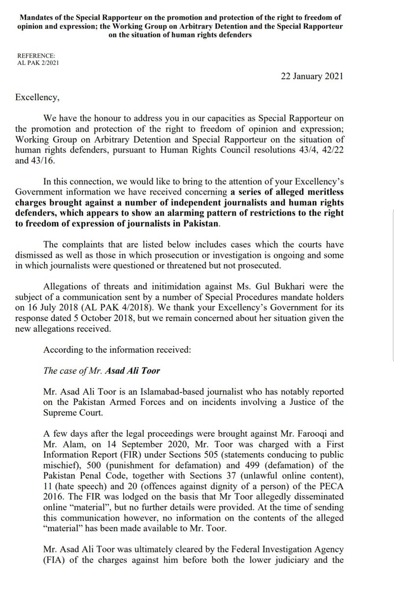 PBCJDC's tweet photo. The Working Group on Arbitrary Detention, Special Rapporteur on freedom of expression and Special Rapporteur on the situation of human rights defenders have issued an Allegation Letter to Pakistan (AL PAK 2/2021) regarding the meritless charges against 11 Pakistani journalists. https://t.co/rNCF5UPt1y
