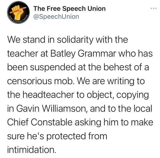 Antipolluters's tweet photo. I stand with the teacher, he was doing his job properly. 
The Woke Head should not support a mob of Muslim, or any, men at the school gate.
#FreedomOfSpeech #Batley #NoMobRule https://t.co/mAm2KRUjA2