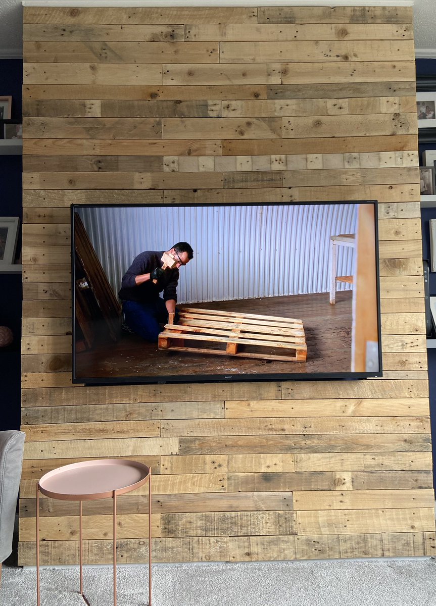 ceebee2009's tweet photo. @BBCMorningLive Here’s our creation using pallets. A TV feature wall https://t.co/ARWbqqO98d