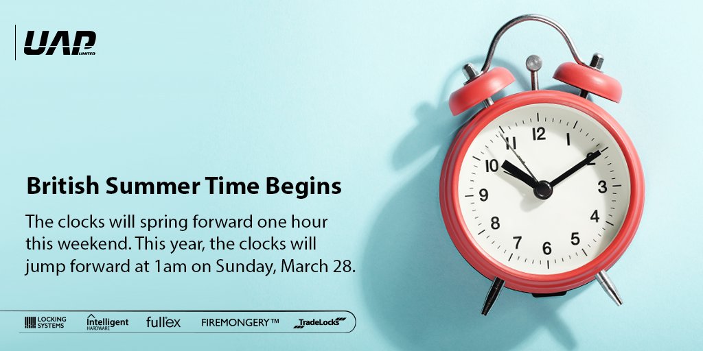 UAP_Limited's tweet photo. Don’t forget the clocks spring forward this weekend! ⏰
#UAP #Fullex #IntelligentHardware #TradeLocks #Firemongery #LockingSystems #doorhardware #BST #BritishSummerTime https://t.co/A3kLObm1Q9