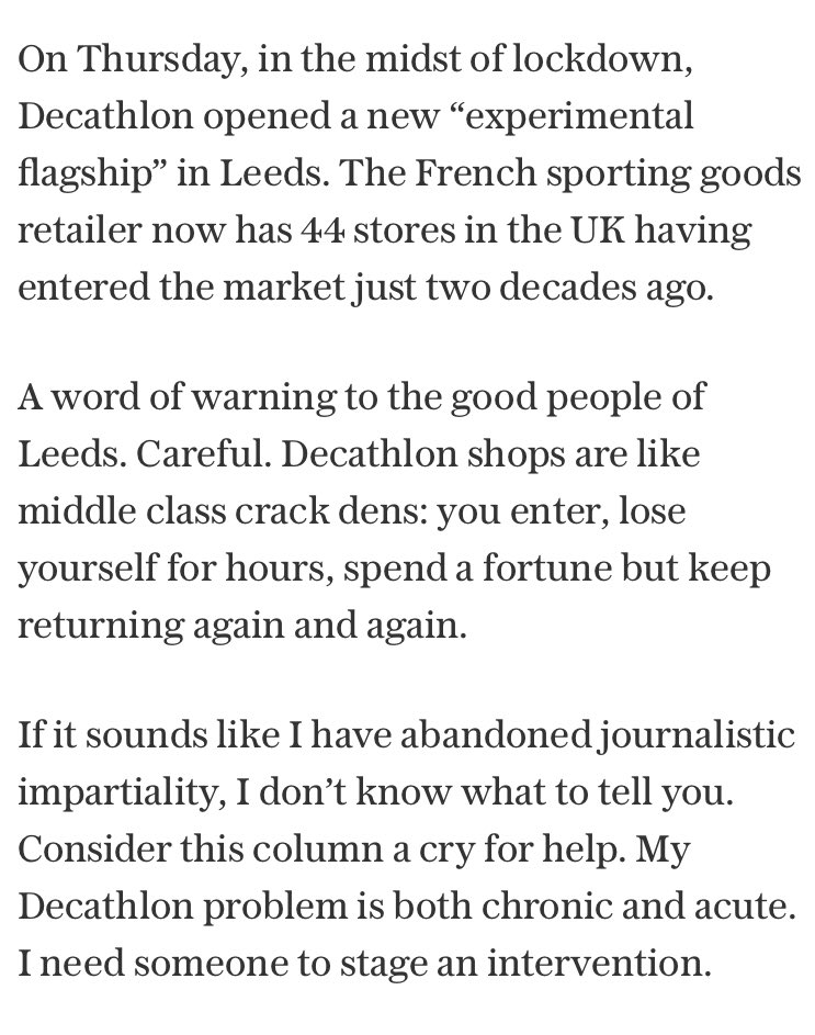 Hi, my name's Ben, and I'm a Decathlon-aholic. 

Here's my story: 

(Also a compare and contrast of John Lewis and Decathlon to try and divine the future of bricks 'n' mortar retail.)

telegraph.co.uk/business/2021/…