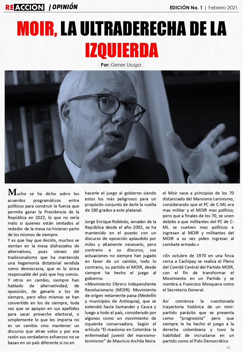 ReaccionRevista's tweet photo. #Edicion1 | Reacción Revista Digital
Columna de Opinión
MOIR, la ultraderecha de la izquierda.
Por Gener Usuga
@gener_usuga
Pág 30-31
Versión completa
https://t.co/DdIlLku7w8 https://t.co/oSz0zzgya6