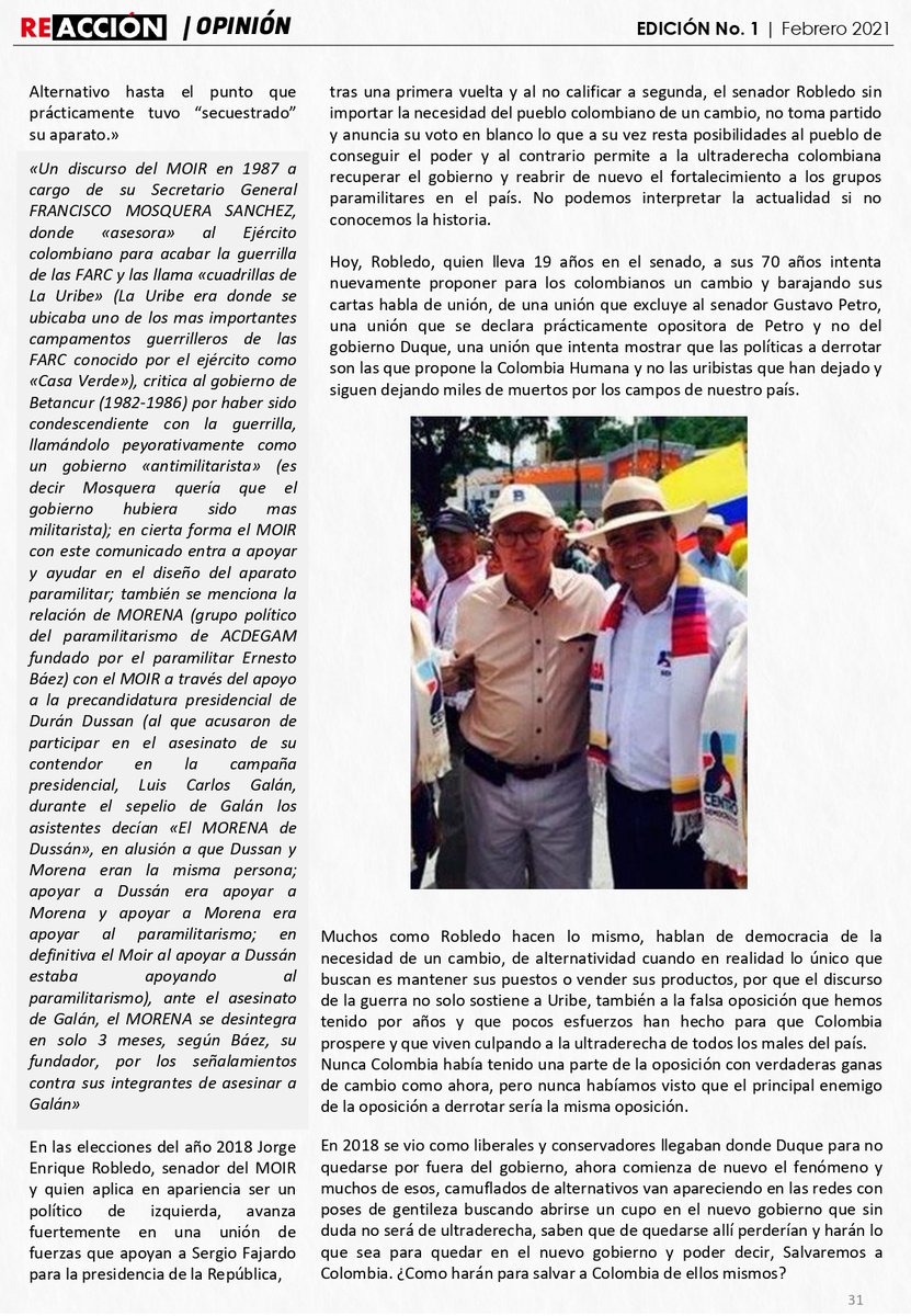 ReaccionRevista's tweet photo. #Edicion1 | Reacción Revista Digital
Columna de Opinión
MOIR, la ultraderecha de la izquierda.
Por Gener Usuga
@gener_usuga
Pág 30-31
Versión completa
https://t.co/DdIlLku7w8 https://t.co/oSz0zzgya6