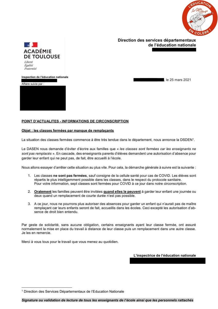 ⚠️Dans <a href="/actoulouse/">Académie de Toulouse</a>, l'administration <a href="/education_gouv/">Ministère Éducation nationale</a> demande d'éviter d'écrire "aux familles que les classes sont fermées car les enseignants ne sont pas remplacés."🤫 Les absences pour garde d'enfants sont interdites.😮🤬

➡️L'art de l'omerta pour ne pas affronter la réalité.🤦